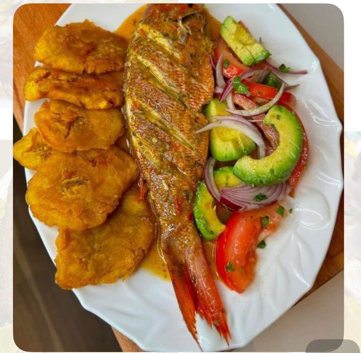 Fried Red Snapper with Tostones and Avocado Salad